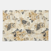 Vintage Beige Eulen-Botanik-Waldmuster Geschirrtuch (Horizontal)