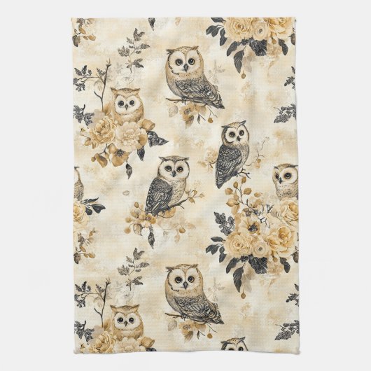 Vintage Beige Eulen-Botanik-Waldmuster Geschirrtuch (Vertikal)