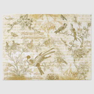 Vintage Beige Gold Birds Blume Französisch Script Seidenpapier