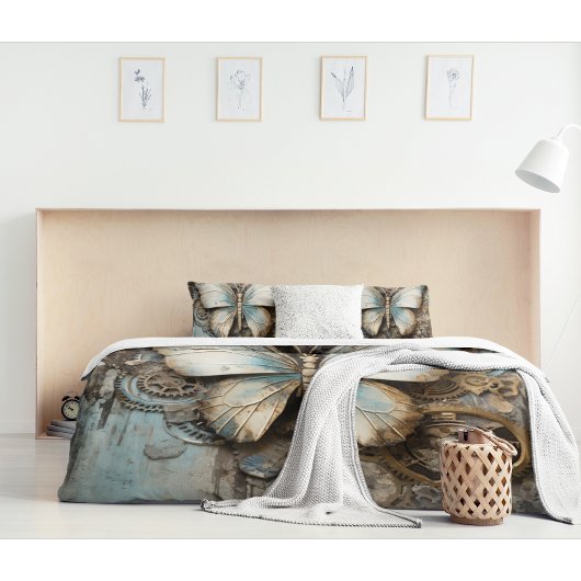 Vintage Beige und Blauer Schmetterling Kissenbezug