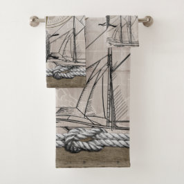 Vintage Beige und Braun-Nautische Grafik Badhandtuch Set