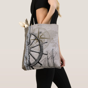 Vintage Beige und Braun-Nautische Grafik Tasche