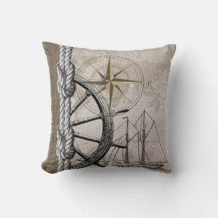 Vintage Beige und Braunes Nautisches Grafikdesign Kissen