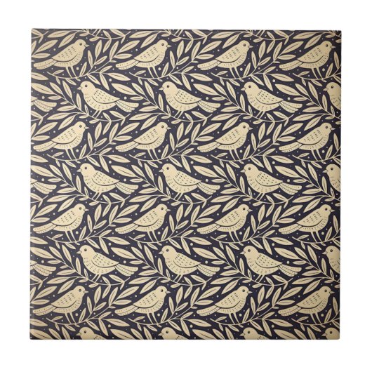 Vintage beige Vogel Muster auf dunklem Hintergrund Fliese (Vorderseite)