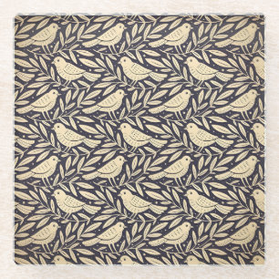 Vintage beige Vogel Muster auf dunklem Hintergrund Glasuntersetzer