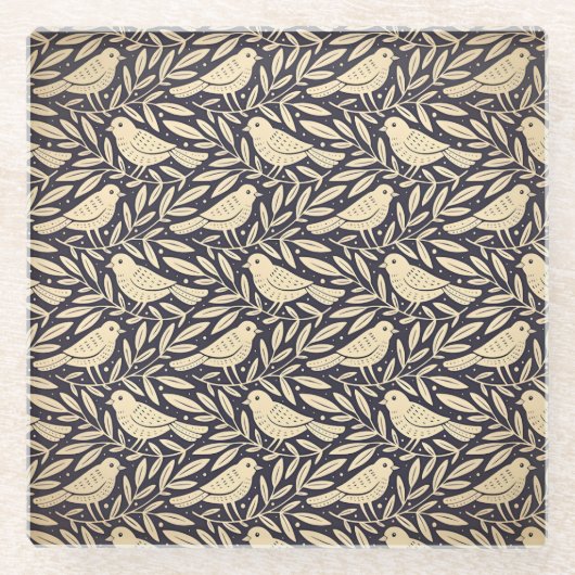 Vintage beige Vogel Muster auf dunklem Hintergrund Glasuntersetzer (Vorderseite)