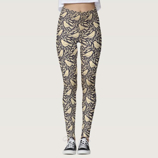 Vintage beige Vogel Muster auf dunklem Hintergrund Leggings (Vorderseite)