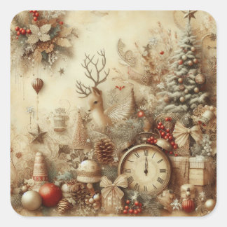 Vintage Beige Weihnachtsaufkleber Quadratischer Aufkleber