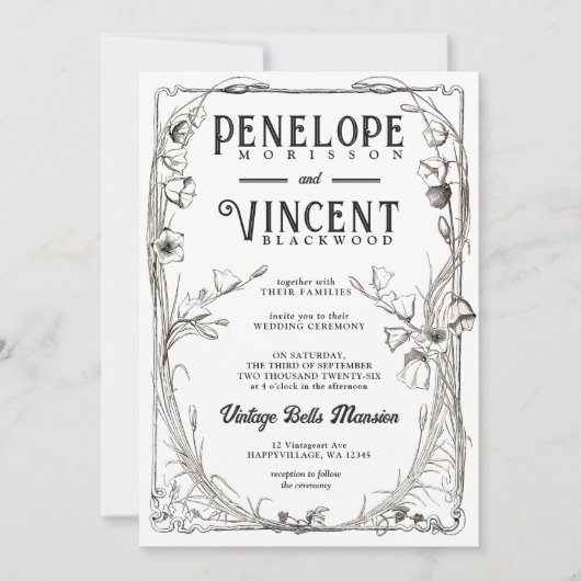 Vintage Bell Flowers on White Wedding Invitation  Einladung (Vorderseite)