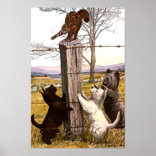 Vintage bemalte Terriers und Bobcat-Leinwanddruck Poster