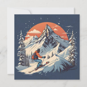 Vintage Bergskifahren in Kieferngegend "Oranger So Feiertagskarte