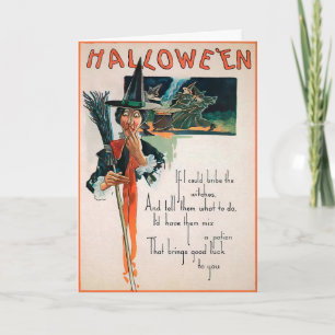 Vintage Besen Hexen Gedicht Halloween Karte