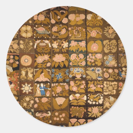 Vintage bestickte Blumendecke mit Tieren Runder Aufkleber (Vorderseite)