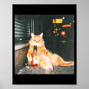 Vintage betrunkenes Katzen-Meme auf nächtlicher St Poster