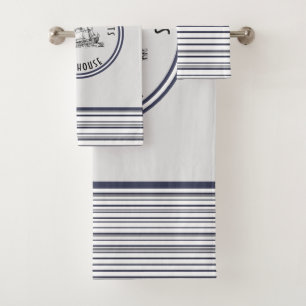 Vintage Bezeichnung und Name des Navy Blue Strips Badhandtuch Set