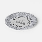 Vintage Bezeichnung und Name des Navy Blue Strips Pappteller (Schrägansicht)