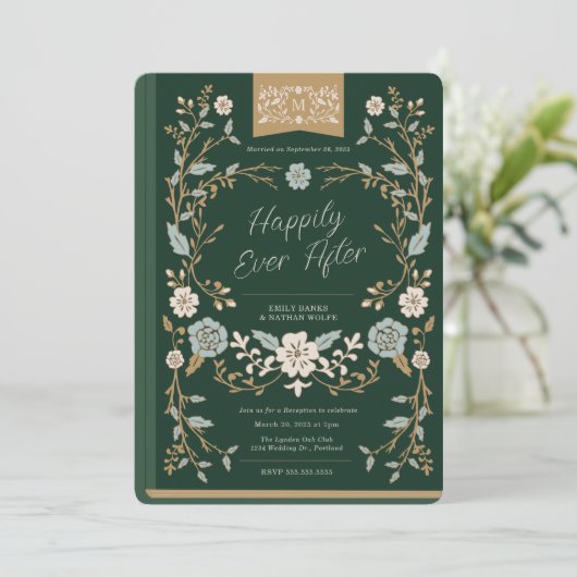 Vintage Bibliothek Hochzeitsempfang Einladung (Stehend Vorderseite)