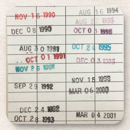 Vintage Bibliotheks-Abgabefrist-Karten Getränkeuntersetzer (Vorderseite)