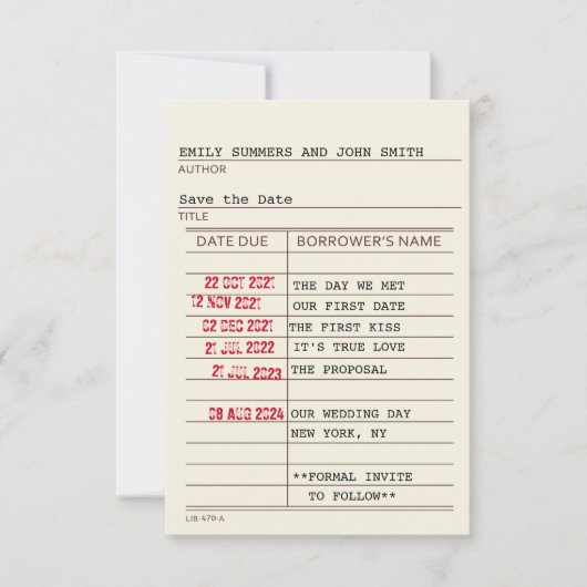 Vintage Bibliothekskarte Save the Date (Vorderseite)