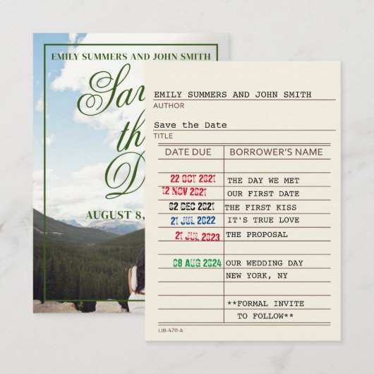 Vintage Bibliothekskarte und Buchabdeckung Save th The Date (Vorne/Hinten)