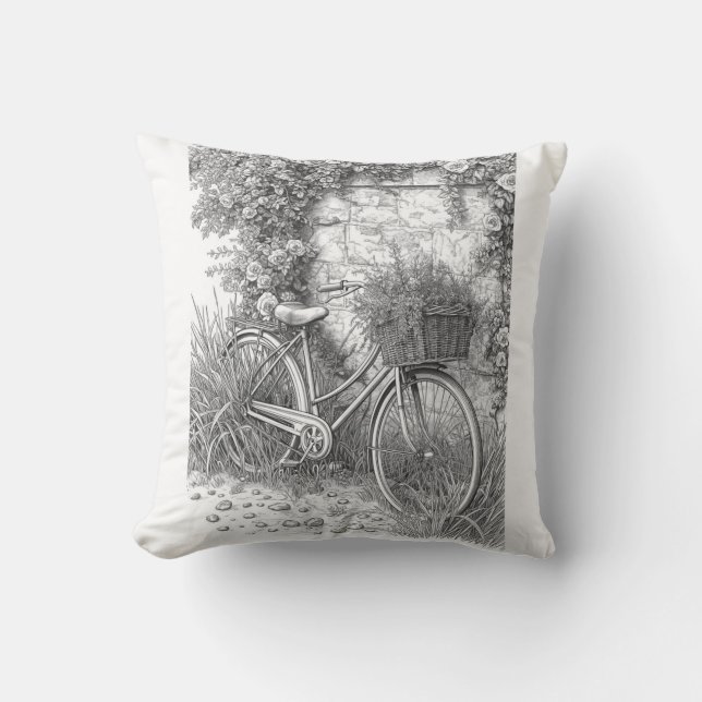 Vintage Bicycle & Garden Roses Ink Art Pillow Kissen (Vorderseite)