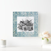 Vintage Biene auf Blue Damask Quadratische Wanduhr (Zuhause)