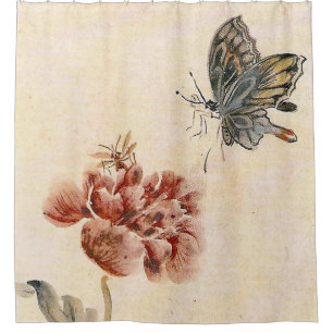 Vintage-Biene, Schmetterling und Mohn-Aquarell Duschvorhang