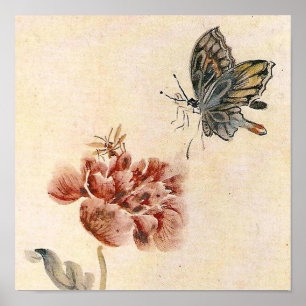 Vintage-Biene, Schmetterling und Mohn-Aquarell Poster