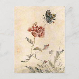 Vintage-Biene, Schmetterling und Mohn-Aquarell Postkarte