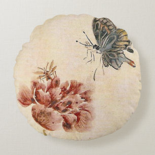 Vintage-Biene, Schmetterling und Mohn-Aquarell Rundes Kissen