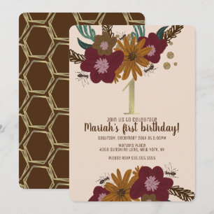 Vintage-Biene Sonnenblume Floral Erster Geburtstag Einladung