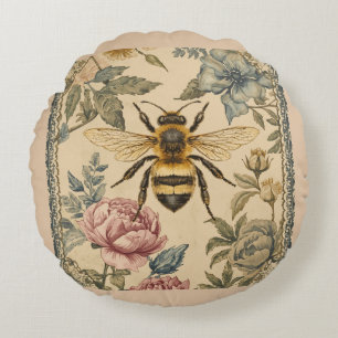 Vintage, Biene und Blumengarten, Honigbiene Rundes Kissen