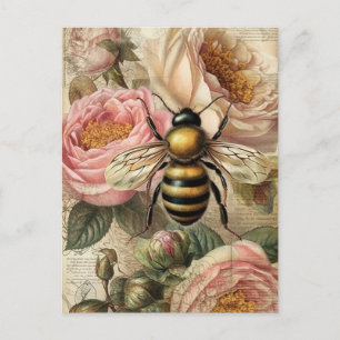 Vintage Biene und rosa Rosen Decoupage Postkarte