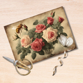 Vintage Biene und Schmetterling mit rosa Rosen Seidenpapier