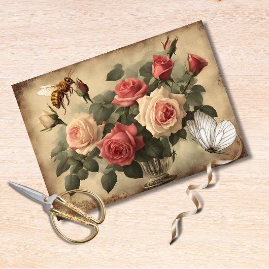 Vintage Biene und Schmetterling mit rosa Rosen Seidenpapier