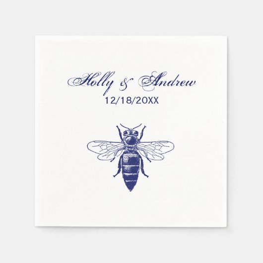 Vintage Biene Zeichne in Blau Serviette (Vorderseite)