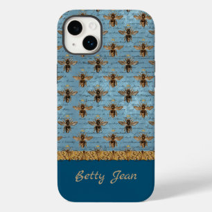 Vintage Bienen auf blauem Damast mit Handschrift Case-Mate iPhone 14 Plus Hülle