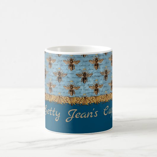 Vintage Bienen auf blauem Damast mit Handschrift Kaffeetasse (Mittel)