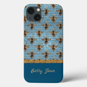 Vintage Bienen auf Blue Damask mit Handschrift  Case-Mate iPhone Hülle