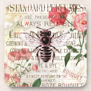 Vintage-Bienen-Rosen-Sträußchen-Ephemera-Decoupage Getränkeuntersetzer