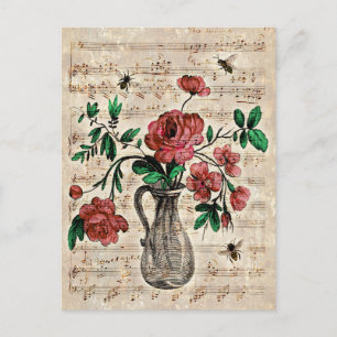 Vintage Bienen, Rosen und Musiknoten Postkarte