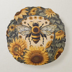Vintage Bienen und Sonnenblumen Rundes Kissen