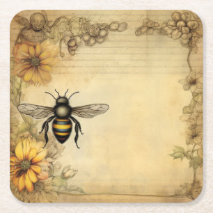 Vintage-Bienen- und Wildblumen-Ephemera Rechteckiger Pappuntersetzer