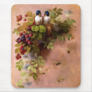 Vintage Bienen, Vögel und Beeren Mousepad
