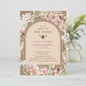 Vintage Bienen-Wildblume Dritter Geburtstag Einladung (Stehend Vorderseite)