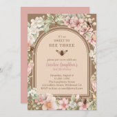 Vintage Bienen-Wildblume Dritter Geburtstag Einladung (Vorne/Hinten)