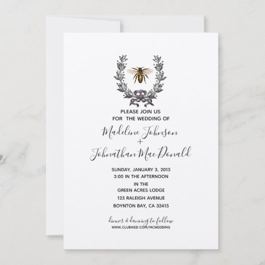 Vintage Bienenart GARDEN WEDDING Pflaume Einladung (Vorderseite)