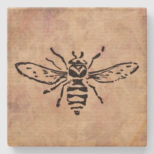 Vintage Bienenstrahlung Rose Blume Blumendesign Steinuntersetzer (Vorderseite)