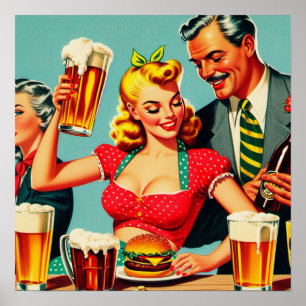 Vintage-Bier- und Burger-Illustration Poster