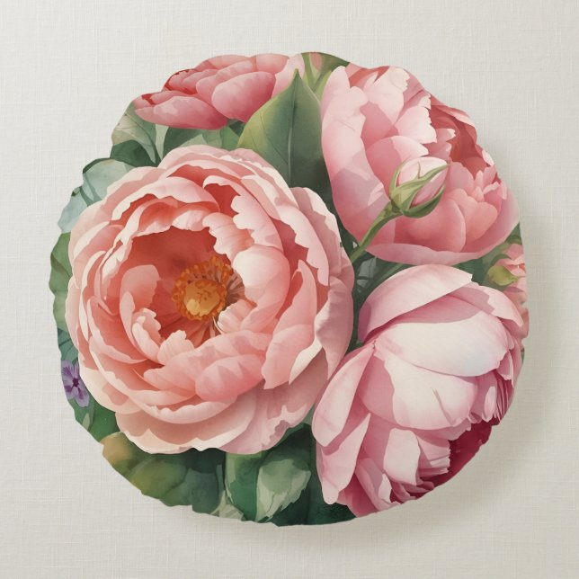 Vintage Big Pink Flowers Rundes Kissen (Vorderseite)